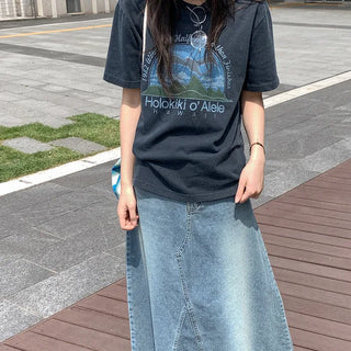 Pigment-washed cotton print short-sleeved T-shirt