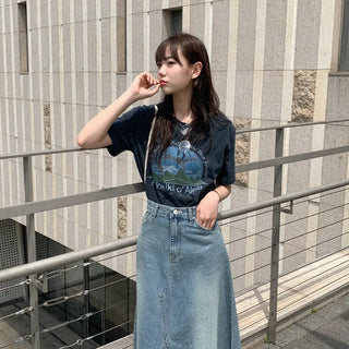 Pigment-washed cotton print short-sleeved T-shirt