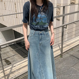 Pigment-washed cotton print short-sleeved T-shirt