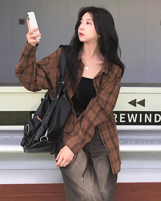 Brown checkered long-sleeved shirt blouse