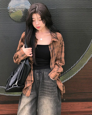Brown checkered long-sleeved shirt blouse