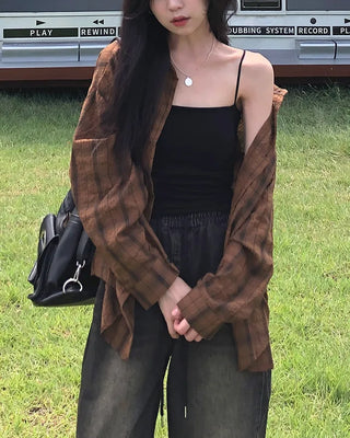 Brown checkered long-sleeved shirt blouse