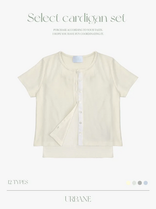 [SET] Cropped Short-Sleeve Ribbed Sleeveless Cardigan Set (4c)