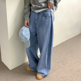 Wide-leg pleated denim pants