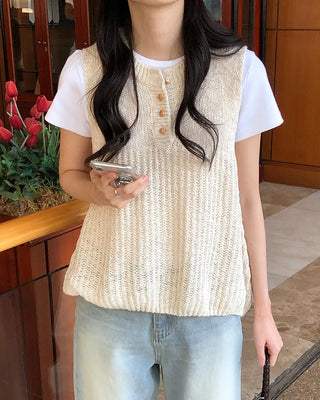 Openwork Henley Neck Sleeveless Knit