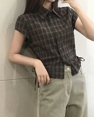 Checked Shirred Short-Sleeved Shirt Blouse