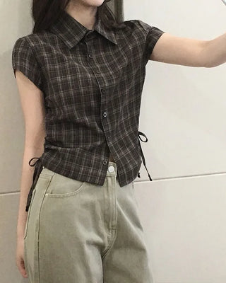 Checked Shirred Short-Sleeved Shirt Blouse