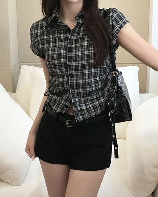 Checked Shirred Short-Sleeved Shirt Blouse