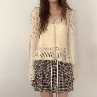 Openwork V-neck knit sweater