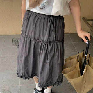 Elastic ribbon shirred ruffle tiered midi skirt