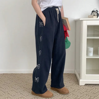 [Fleece-lined] Ribbon lettering elastic waist pants