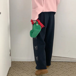 [Fleece-lined] Ribbon lettering elastic waist pants