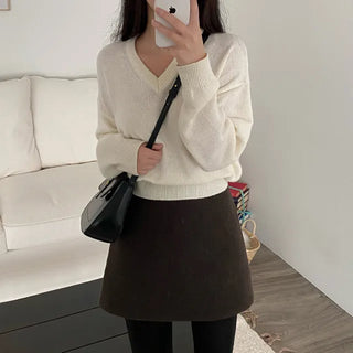 Lambswool Loose Fit Basic Gray V-Neck Knit