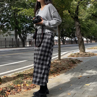 Lambswool Loose Fit Basic Gray V-Neck Knit