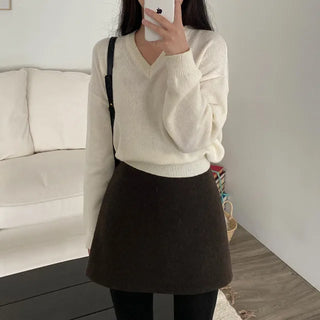 Lambswool Loose Fit Basic Gray V-Neck Knit