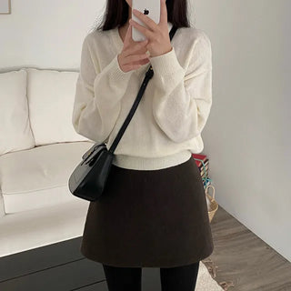 Lambswool Loose Fit Basic Gray V-Neck Knit