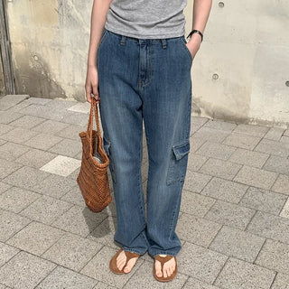 Washed wide denim cargo pants