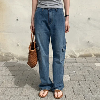 Washed wide denim cargo pants