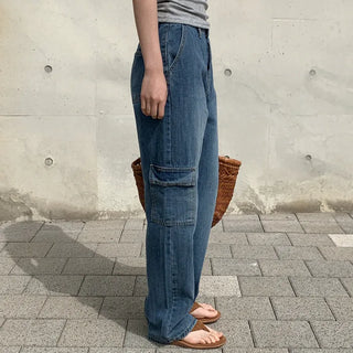 Washed wide denim cargo pants