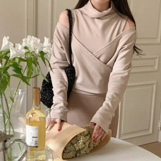 [Fleece-lined/SET] Half-neck sleeveless + wrap long-sleeve T-shirt