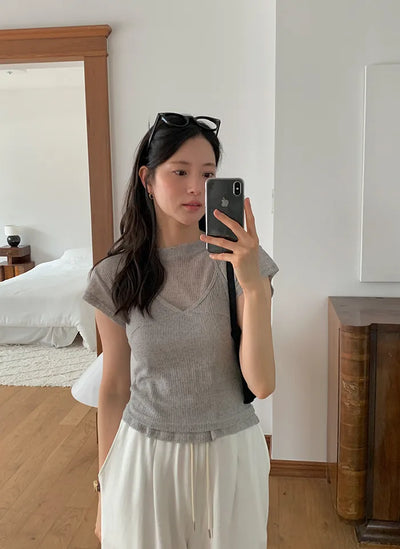 [2pc] Short-sleeved halter sleeveless T-shirt set