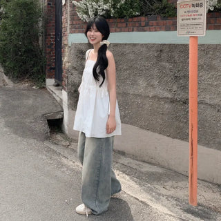 Lace ribbon shirred sleeveless blouse
