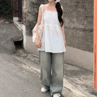 Lace ribbon shirred sleeveless blouse