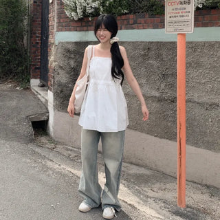 Lace ribbon shirred sleeveless blouse