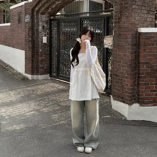 Lace ribbon shirred sleeveless blouse
