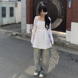 Lace ribbon shirred sleeveless blouse