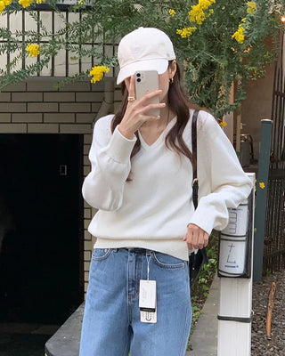 (6 colors) High-quality cotton V-neck knit