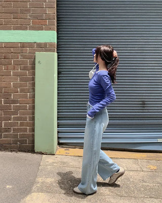 [2 types] Plain & Striped Button Long-Sleeve T-Shirt