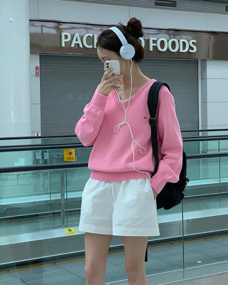 (6 colors) High-quality cotton V-neck knit