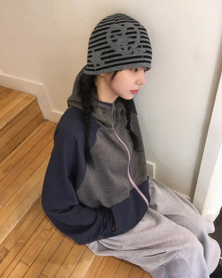 (4 colors) Striped zip-up hoodie