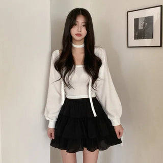 [3-Piece Set] Layered Rib Bolero + Sleeveless Top + Scarf