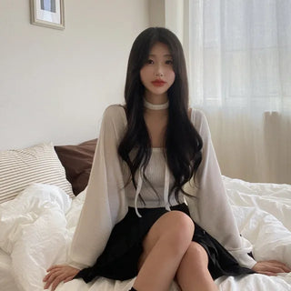 [3-Piece Set] Layered Rib Bolero + Sleeveless Top + Scarf