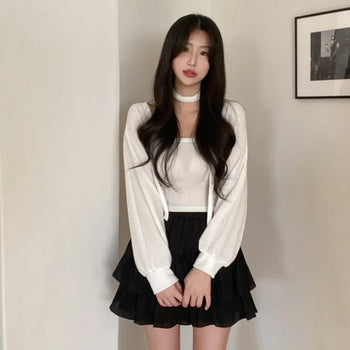 [3-Piece Set] Layered Rib Bolero + Sleeveless Top + Scarf