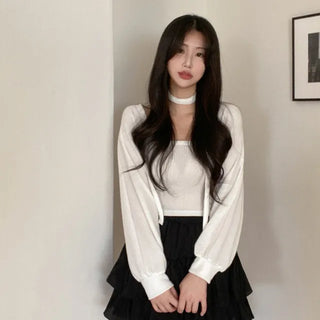 [3-Piece Set] Layered Rib Bolero + Sleeveless Top + Scarf