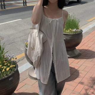 See-through ribbon button mini camisole dress