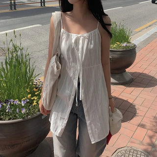 See-through ribbon button mini camisole dress