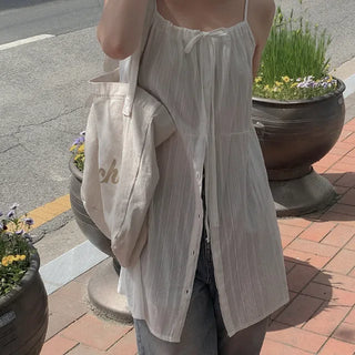 See-through ribbon button mini camisole dress