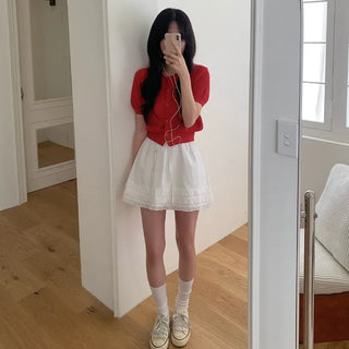 Layered frill shirring ribbon mini skirt