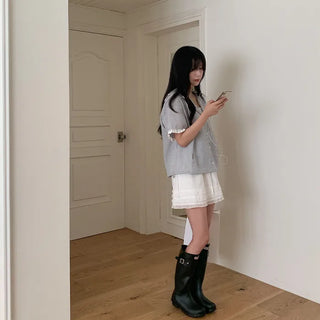 Layered frill shirring ribbon mini skirt