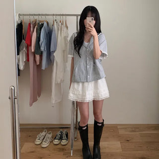 Layered frill shirring ribbon mini skirt