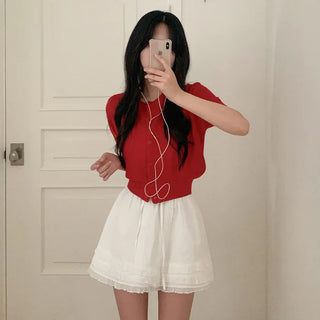 Layered frill shirring ribbon mini skirt