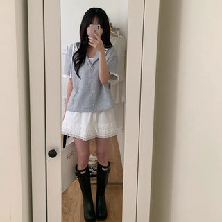 Layered frill shirring ribbon mini skirt