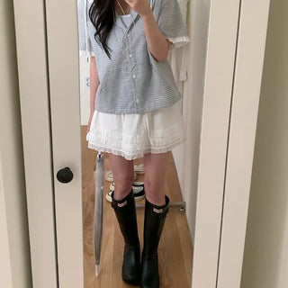 Layered frill shirring ribbon mini skirt