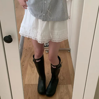 Layered frill shirring ribbon mini skirt