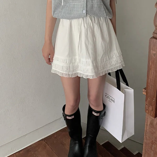 Layered frill shirring ribbon mini skirt