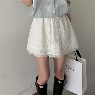 Layered frill shirring ribbon mini skirt